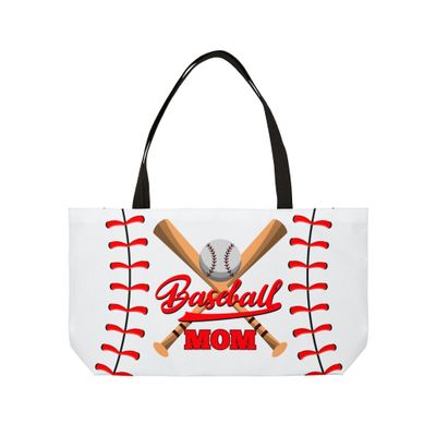 Baseball Mom Weekender Tote Bag Baseball Bag (White Bag with Red Baseball Mom Font)