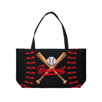 Baseball Weekender Tote Bag Baseball Bag (Black Bag with Red Baseball Font)