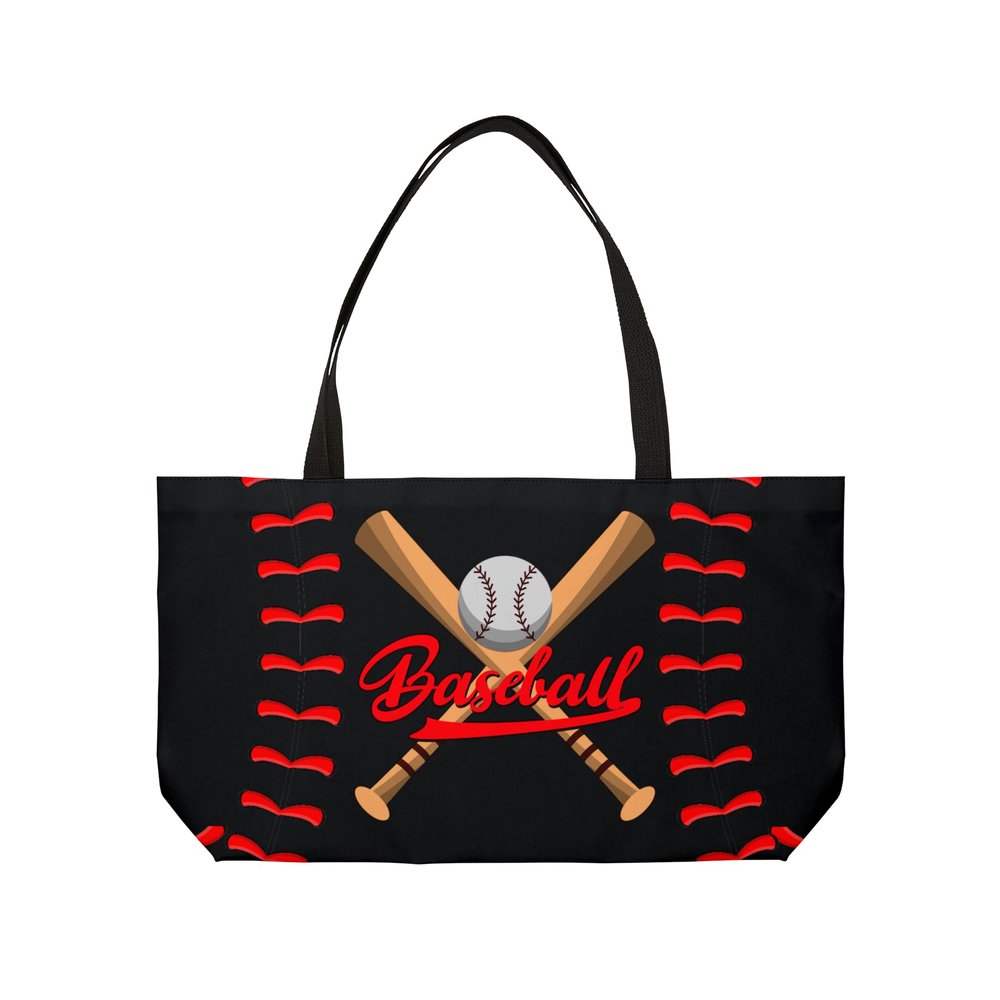 Baseball Weekender Tote Bag Baseball Bag (Black Bag with Red Baseball Font)