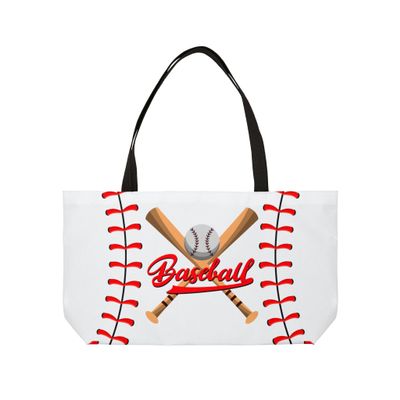Baseball Weekender Tote Bag Baseball Bag (White Bag with Red Baseball Font)
