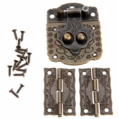 2Pcs Antique Bronze Furniture Wooden Box Hinge + 1pcs Brass Hardware Antique Bronze Wooden Box Cabinet Toggle Latch Hasp.