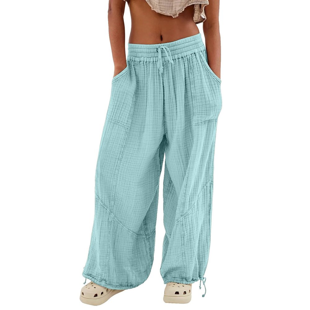 ZYXTIM Wide Leg Linen Pants for Women Summer Casual Palazzo Pants Drawstring Lightweight Flowy Boho Beach Pants with Pockets(Light Blue,X-Large)