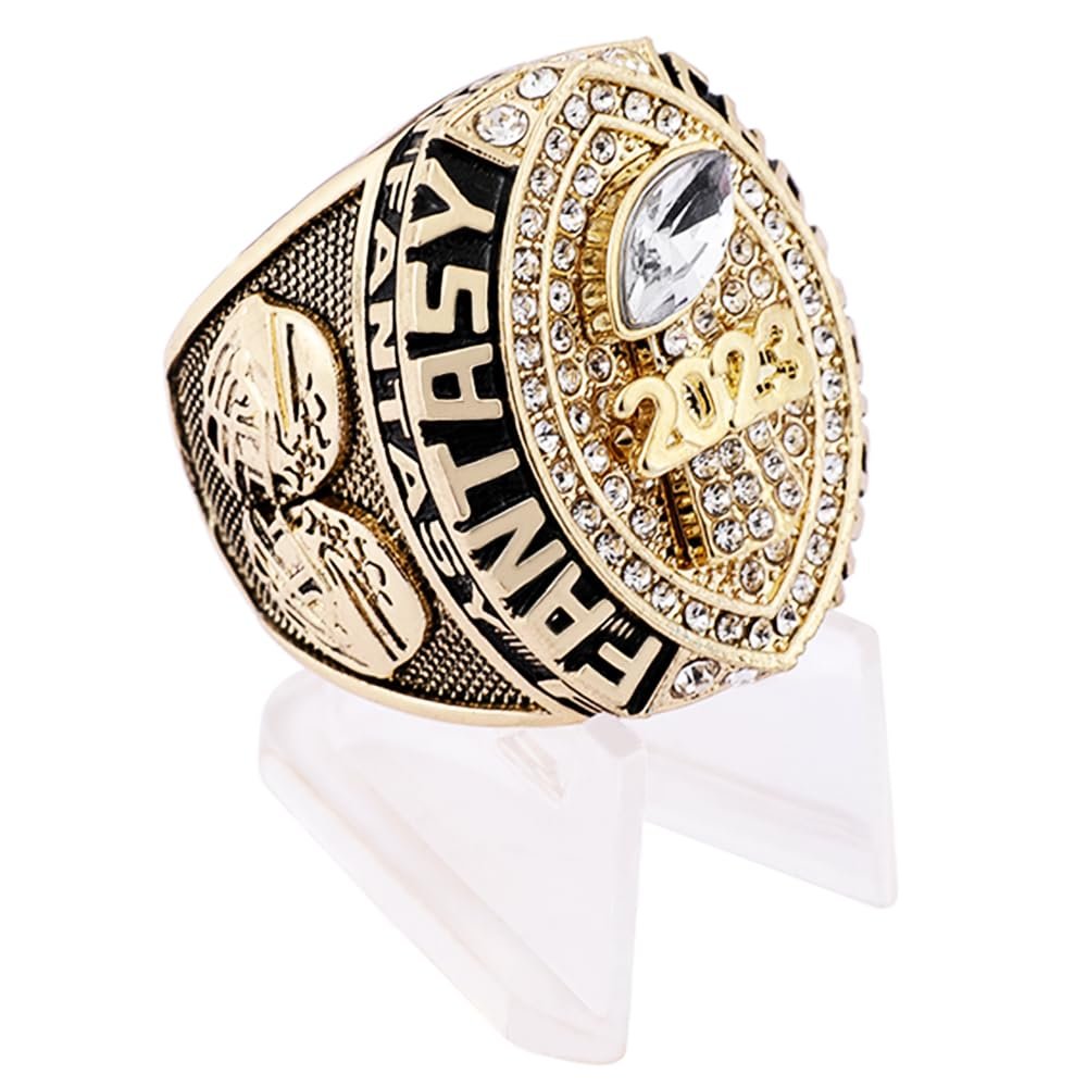 2023 Fantasy Football Championship Ring | Black Gunmetal Plated Award For Fantasy Football Trophy League Winner | Color Stones (size 8, Clear Outer)