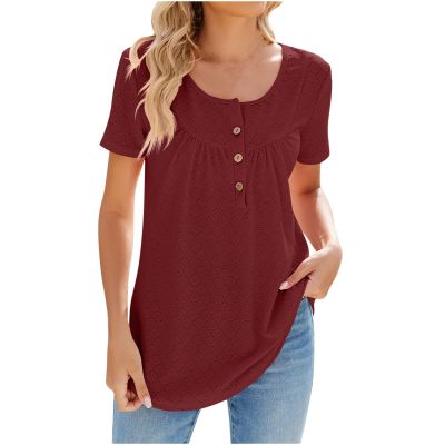 Dressy Tosp for Women Casual Short Sleeve Shirts Crew Neck Fitted Plus Size Pleated T-Shirts Fashion Blouses Tunic Tops Wine