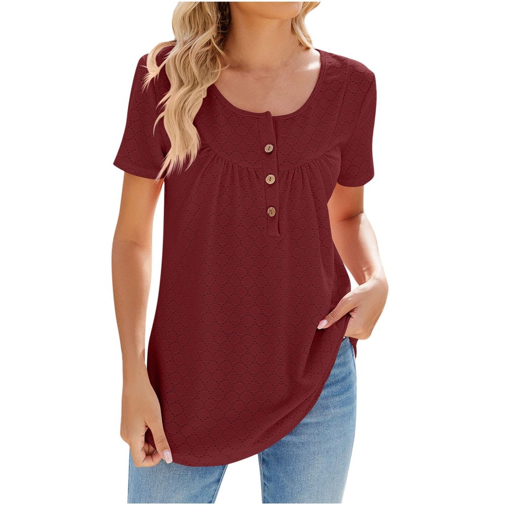 Dressy Tosp for Women Casual Short Sleeve Shirts Crew Neck Fitted Plus Size Pleated T-Shirts Fashion Blouses Tunic Tops Wine