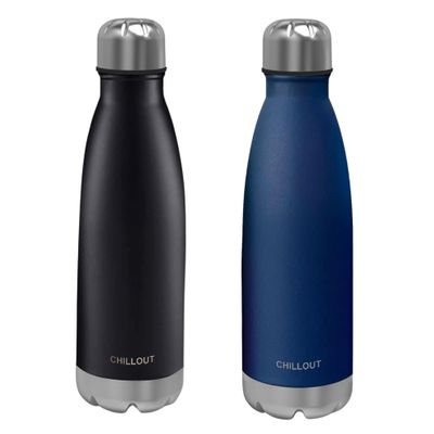 CHILLOUT LIFE Stainless Steel 2 Pack Water Bottle for Kids School: 17 oz Double Wall Insulated Cola Bottle Shape for Cold and Warm Drinks, 2 Set (Black - Navy Blue)