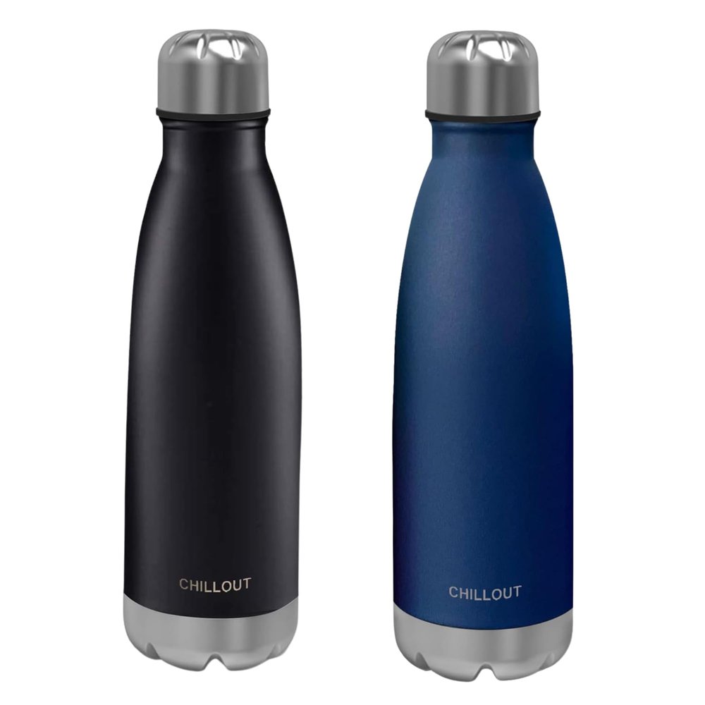 CHILLOUT LIFE Stainless Steel 2 Pack Water Bottle for Kids School: 17 oz Double Wall Insulated Cola Bottle Shape for Cold and Warm Drinks, 2 Set (Black - Navy Blue)