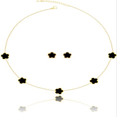 Qinpan Four Leaf Clover Necklace and Stud Earrings Set for Women Lucky Flower Jewelry (Black-14K Gold)