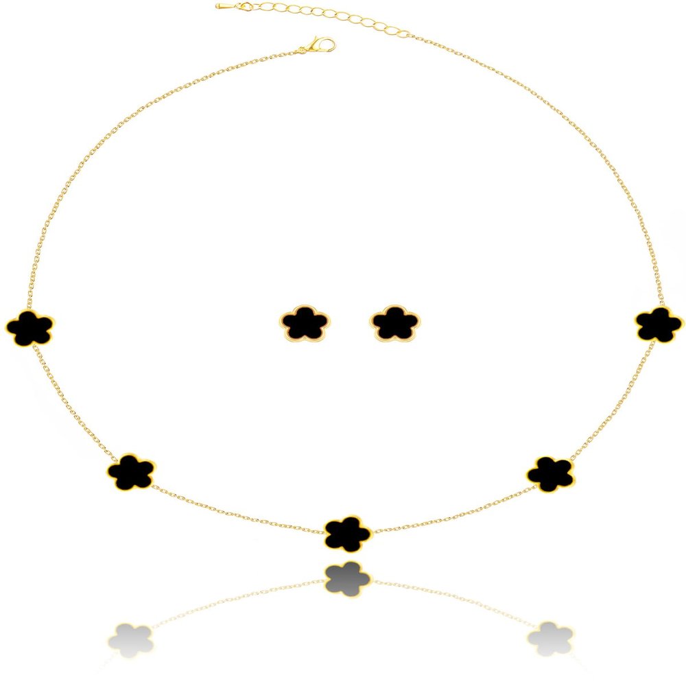 Qinpan Four Leaf Clover Necklace and Stud Earrings Set for Women Lucky Flower Jewelry (Black-14K Gold)
