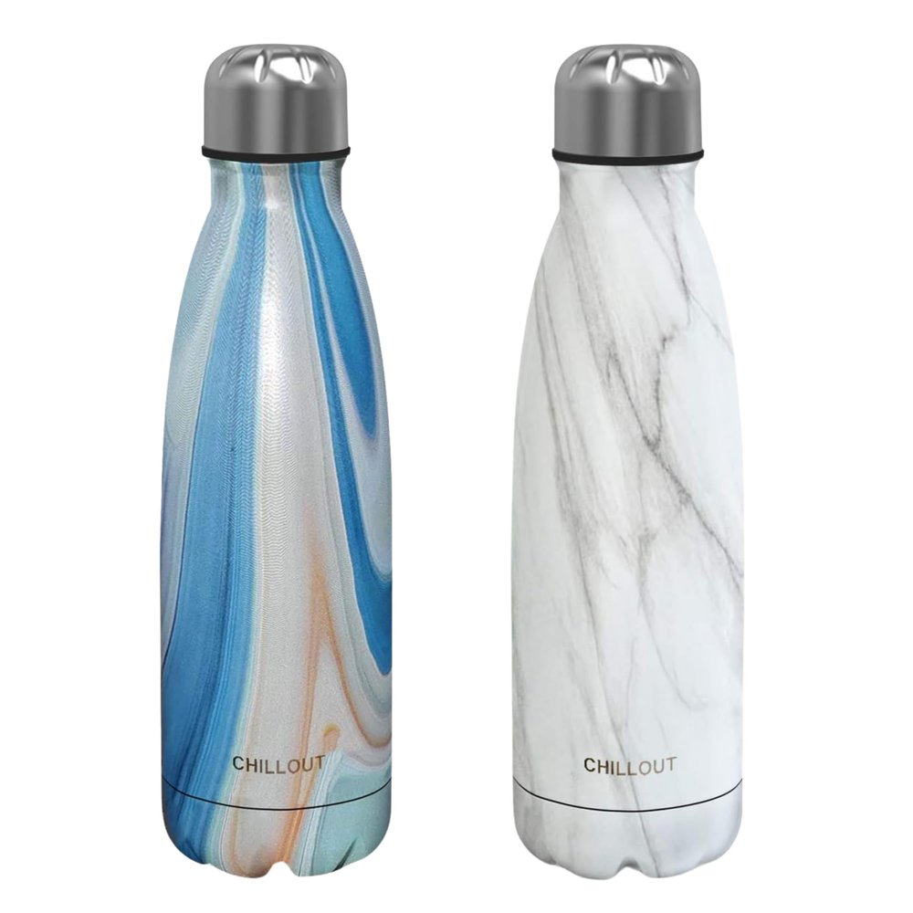 CHILLOUT LIFE Stainless Steel 2 Pack Water Bottle for Kids School: 17 oz Double Wall Insulated Cola Bottle Shape for Cold and Warm Drinks, 2 Set (Carrara Marble - Ocean Marble)