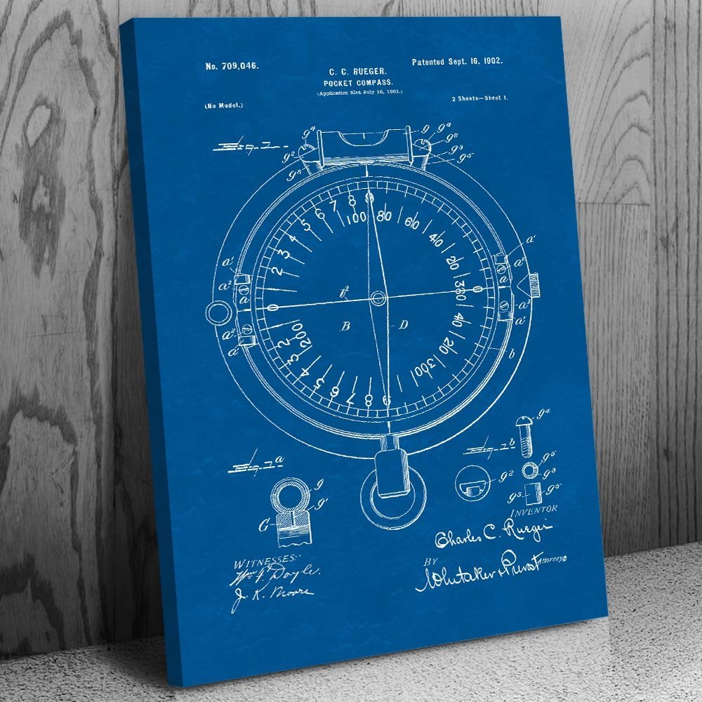 Pocket Compass Patent Canvas Print (11x14) Compass Art, Camping Gifts, Farmhouse Decor, Outdoorsman Gifts, Gifts For Men, Dad Gifts