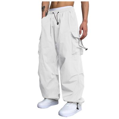 Men's Cargo Pants Elastic Waist Lightweight Drawstring Outdoor Tactical Pants Fashion Streetwear Athletic Hiking Pants White