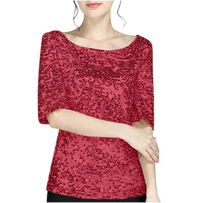 Womens Sequin Tops Glitter Sparkle Cocktail Party Crew Neck Pullover Trendy Short Sleeve T Shirts Fashion Fitted Blouse