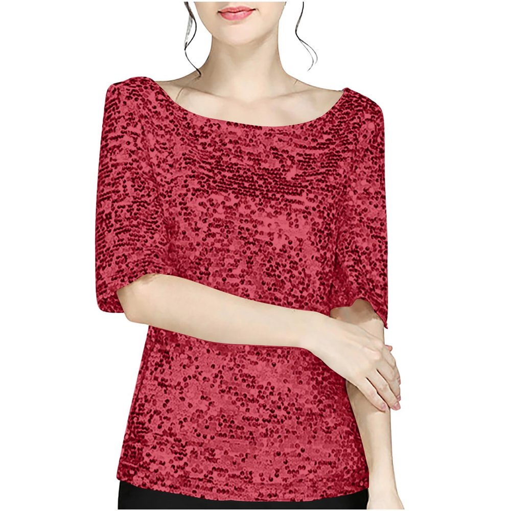 Womens Sequin Tops Glitter Sparkle Cocktail Party Crew Neck Pullover Trendy Short Sleeve T Shirts Fashion Fitted Blouse