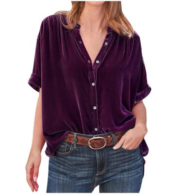 Short Sleeve Velvet Tops for Women Casual Vintage Shirts V-Neck Pullover Formal Elegant Ladies Dressy T Shirts Blouse