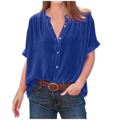 Short Sleeve Velvet Tops for Women Casual Vintage Shirts V-Neck Pullover Formal Elegant Ladies Dressy T Shirts Blouse