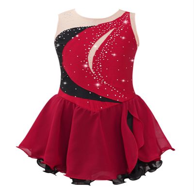 XUNZOO Kid Girls Ice Figure Skating Costume Patchwork Color Mesh Leotard Dress for Dance Performance Burgundy 8 Years