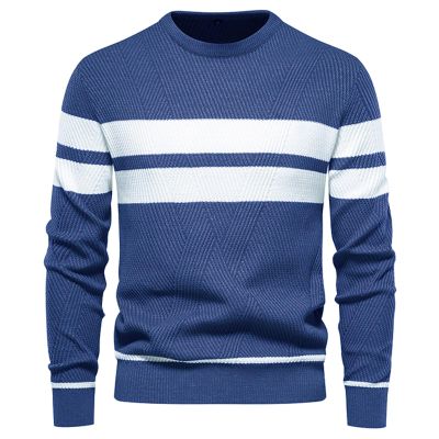 xoxingysm Mens Fashion Striped Sweaters Unisex Oversized Jumper Long Sleeve Casual Sweater Fall Winter Warm Classic Crewneck Knitted Couple Top Dark Blue