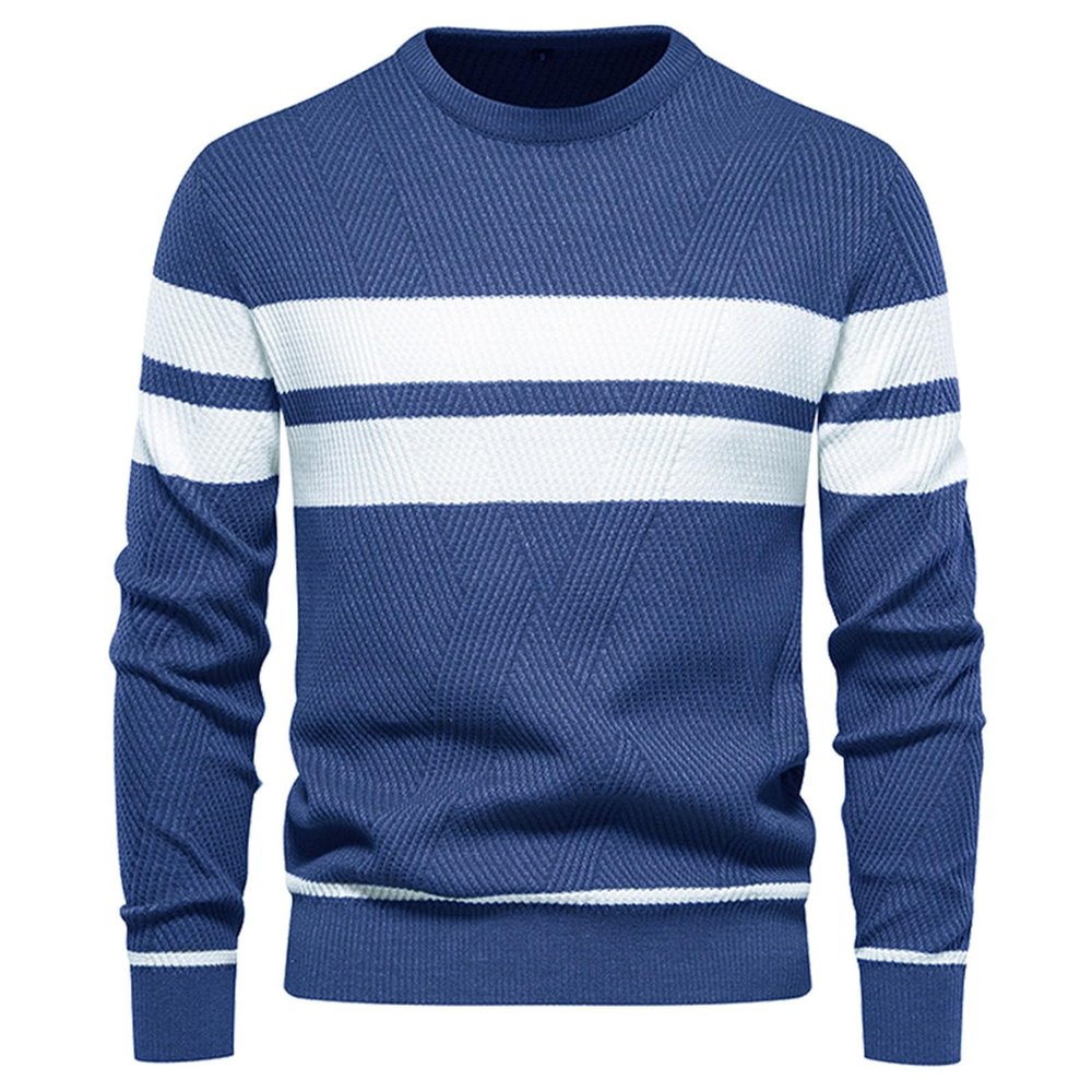 xoxingysm Mens Fashion Striped Sweaters Unisex Oversized Jumper Long Sleeve Casual Sweater Fall Winter Warm Classic Crewneck Knitted Couple Top Dark Blue