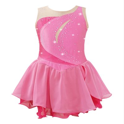 XUNZOO Kid Girls Ice Figure Skating Costume Patchwork Color Mesh Leotard Dress for Dance Performance Pink 12 Years