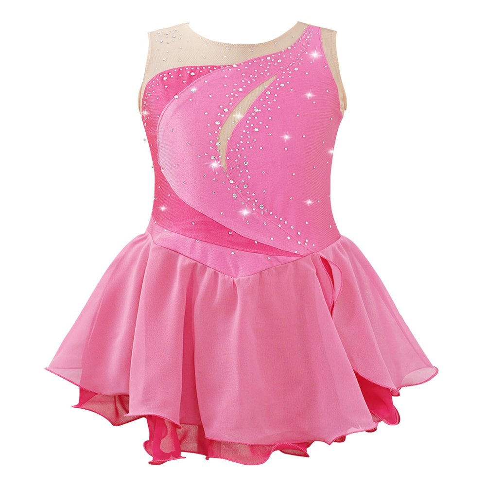 XUNZOO Kid Girls Ice Figure Skating Costume Patchwork Color Mesh Leotard Dress for Dance Performance Pink 12 Years