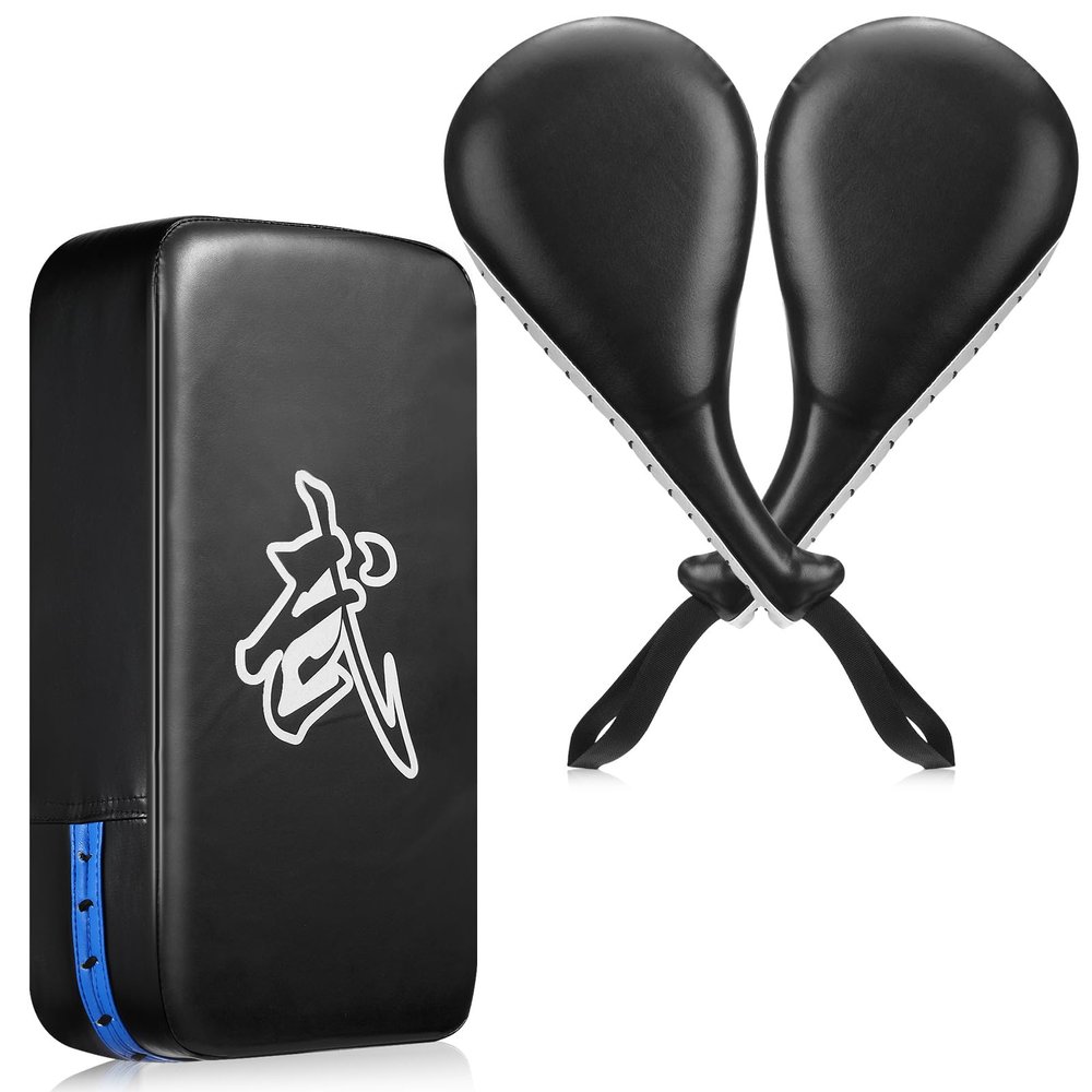 Poen 3 Pcs Taekwondo Kick Pads Muay Thai MMA Karate Sparring Gear Martial Arts Kickboxing Training Pads Punching Striking Target Equipment PU Leather Paddles Strike Curved Kick Shield(Black)