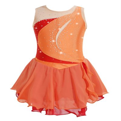 XUNZOO Kid Girls Ice Figure Skating Costume Patchwork Color Mesh Leotard Dress for Dance Performance Orange 6 Years