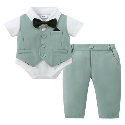 DISAUR Baby Boy Clothes Toddler Boy Outfits, 4PC Gentleman Short Sleeves Romper + Vest + Pants + Bow Tie Cotton Suit Set (Light green, 9-12 Months)