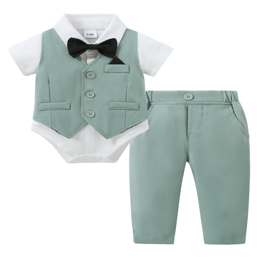 DISAUR Baby Boy Clothes Toddler Boy Outfits, 4PC Gentleman Short Sleeves Romper + Vest + Pants + Bow Tie Cotton Suit Set (Light green, 9-12 Months)