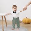 DISAUR Baby Boy Clothes Toddler Boy Outfits, 4PC Gentleman Short Sleeves Romper + Vest + Pants + Bow Tie Cotton Suit Set (Light green, 9-12 Months) view 2