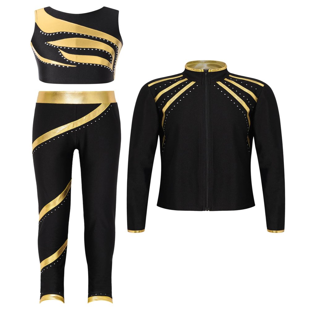 Huimingda Kids Girls Figure Skating Outfit Shiny Ice Skating Jacket with Athletic Leggings Sets Performance Dancewear 3pcs Gold 14 Years