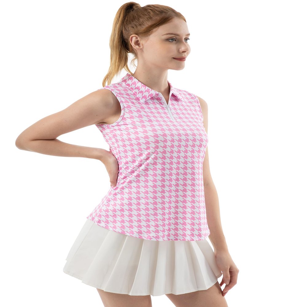 FKEEP Women's Sleeveless Polo Golf Tennis Shirt Tank Tops T-Shirts V-Neck with Collar Quick Dry Workout Athletic (Pink Plaid, 3XL)