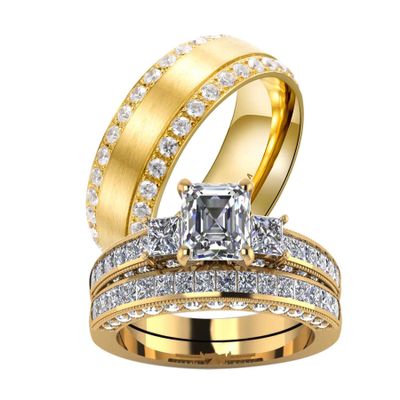 Two Rings His Hers Wedding Ring Sets Couples Matching Rings Women's 2pc Yellow Gold Plated Square CZ Wedding Engagement Ring Bridal Sets & Men's Titanium Wedding Band