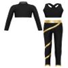 Huimingda Girls 3 Pcs Dance Outfit Mock Neck Crop Top Cutout Back Top with Pants Gymnastic Ballet Ice Skating Tracksuit Black&Gold 12 Years view 1