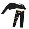 Huimingda Girls 3 Pcs Dance Outfit Mock Neck Crop Top Cutout Back Top with Pants Gymnastic Ballet Ice Skating Tracksuit Black&Gold 12 Years view 3