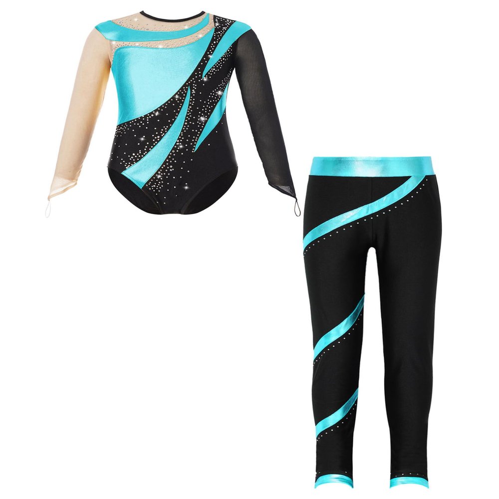 JEATHA Kids Girls Figure Skating Outfits Gymnastics Tumbling Athletic Dance Leotard with Leggings Pants Set Blue Green 8 Years