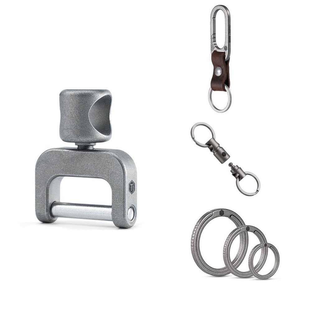 KeyUnity KA35M Titanium Swivel D Ring, KM02 Titanium Belt Clip Carabiner, KA24 Detachable Key Ring Connector & KA02 Flat Key Rings Bundle