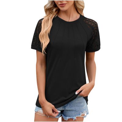 Women's Short Sleeve Shirts Summer Casual Crew Neck Pullover Tops Fitted Dressy Loose Fit Blouses Tunic Tops Tee Shirts Black