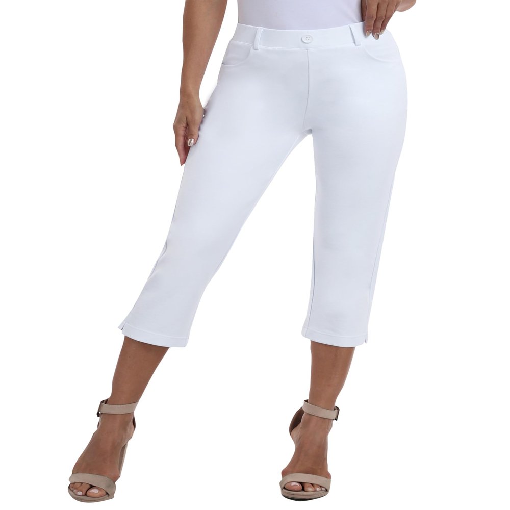 MoFiz Women's Capri Pants for Summer - White Pull-On Stretch Straight Leg, Golf Yoga & Business Casual Dressy Work Office Cropped Pants with Pockets 2XL