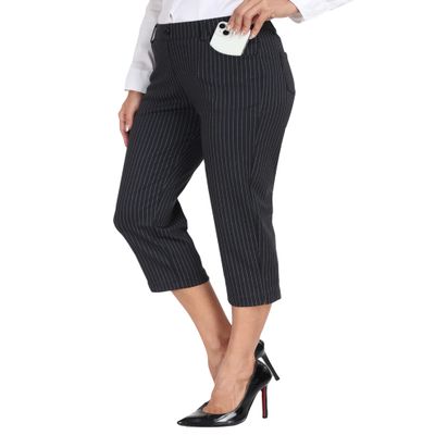 MoFiz Women's Capris Pull-On Stretch Straight Leg Elastic Waist Cropped Dress Pants with Pockets for Golf Yoga Office Work Business Casual Summer Black Pinstripe XS