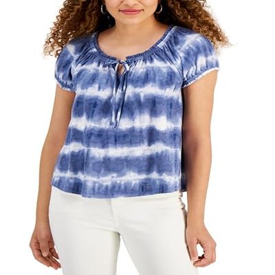 Style & Co. Petite Tie Dye Puff Sleeve Top Blue Natural PL