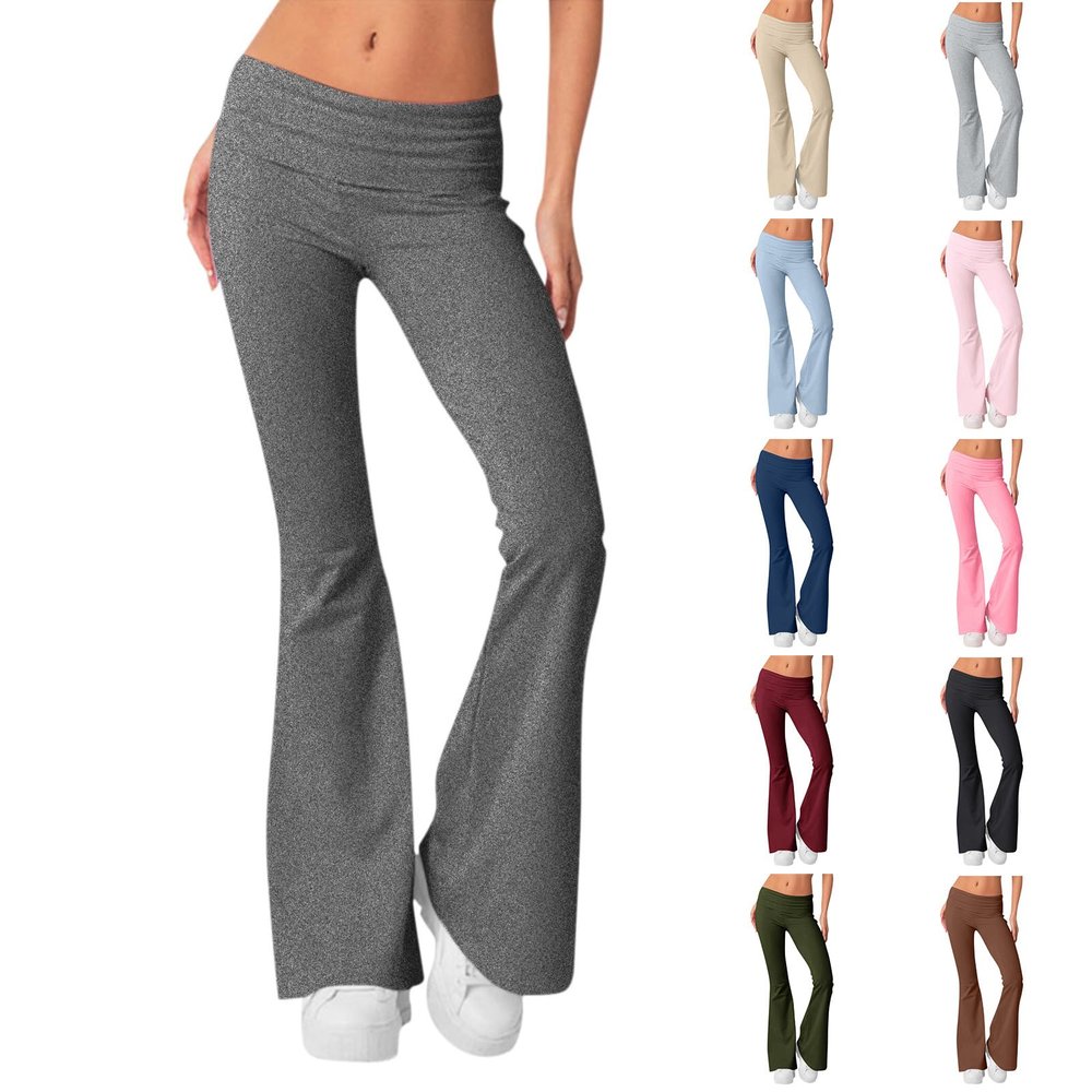 Flare Fold Over Yoga Pants for Women Tummy Control Cotton Leggings Y2k Low Rise Wide Leg Sweatpants Workout Gym Flared Leggings Bell Bottoms Cute Stretch Skinny Flare Pants Teen Girls Y2k Clothes