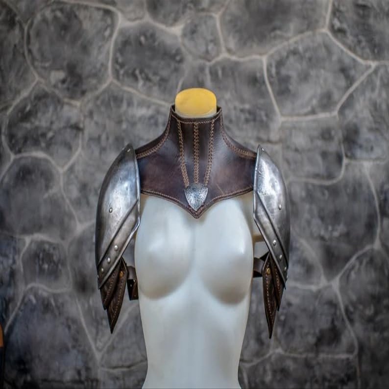 ARTIZANSTORE Medieval Steel Pauldrons with Leather Gorget Princess Armor Costume - Cosplay - LARP - Renaissance Halloween Costume