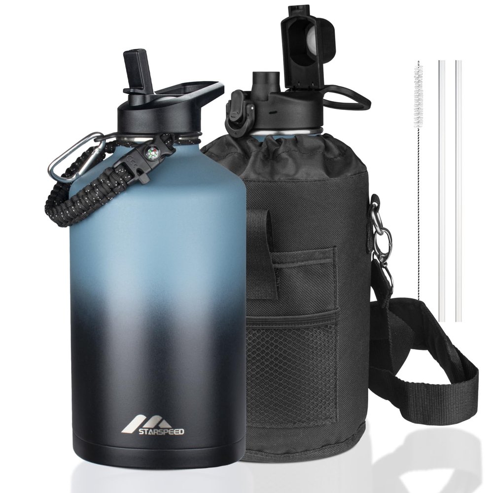 StarSpeed One Gallon Insulated Water Bottle with Straws & 2 Lids, 128oz Stainless Steel Double Walled Vacuum Water Jug, Large Wide Mouth with Paracord Handle for Gym Camping Hiking, Indigo Black