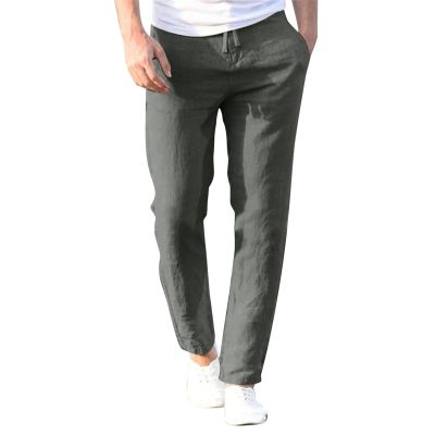 Men's Linen Pants Elastic Waist Drawstring Straight Leg Loose Fit Yoga Pants Lightweight Summer Beach Trousers with Pockets Dark Gray