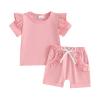 Ursobutegl Toddler Baby Girls Summer Outfits Ruffle Short Sleeve T-shirt Top Elastic Waist Shorts 2pcs Infant Clothes Set (Pink, 12-18 Months) view 1