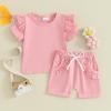 Ursobutegl Toddler Baby Girls Summer Outfits Ruffle Short Sleeve T-shirt Top Elastic Waist Shorts 2pcs Infant Clothes Set (Pink, 12-18 Months) view 2