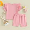 Ursobutegl Toddler Baby Girls Summer Outfits Ruffle Short Sleeve T-shirt Top Elastic Waist Shorts 2pcs Infant Clothes Set (Pink, 12-18 Months) view 3