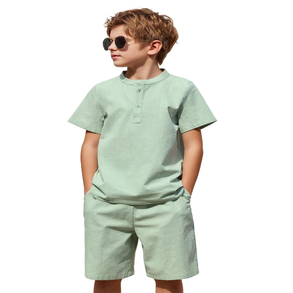 Arshiner Boy's 2 Pieces Linen Set Casual Henley Shirts Short Sleeve Beach Shorts Summer Shorts Outfits