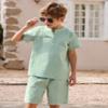 Arshiner Boy's 2 Pieces Linen Set Casual Henley Shirts Short Sleeve Beach Shorts Summer Shorts Outfits view 3